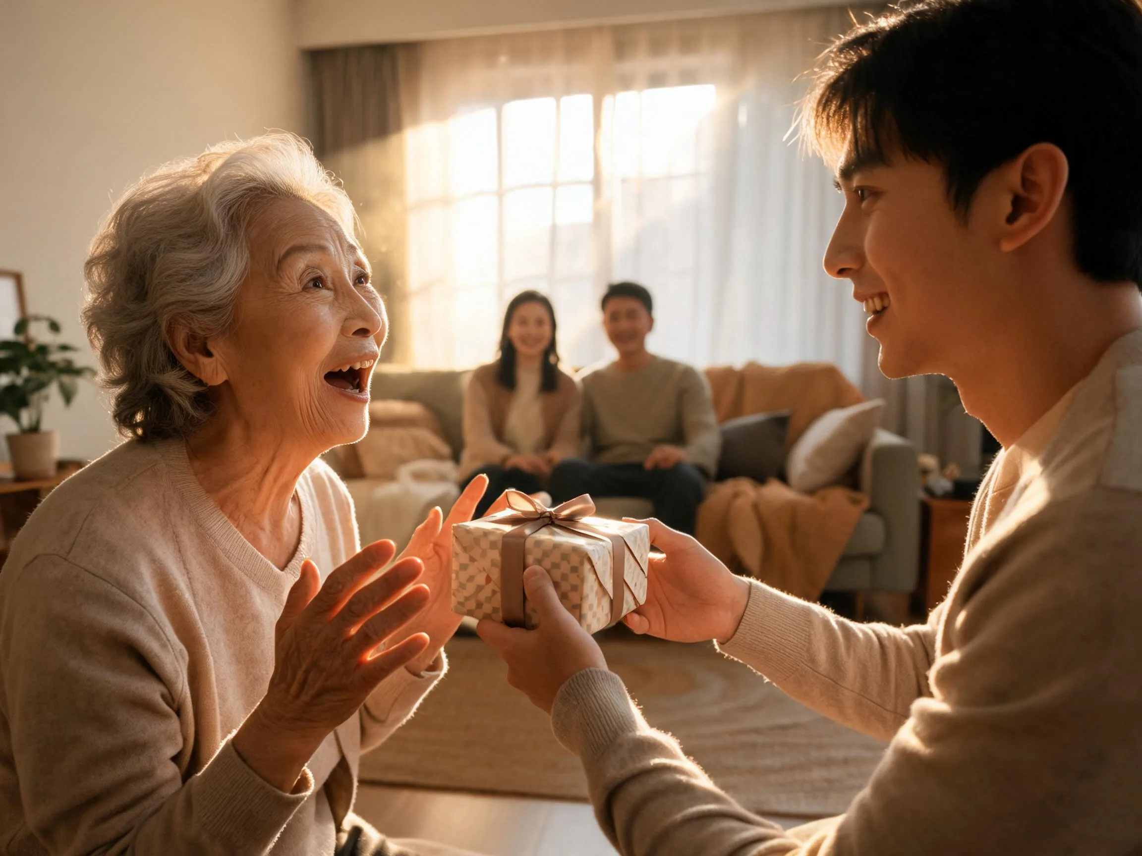 Elderly person reacting with genuine surprise while receiving an unexpected wrapped gift.