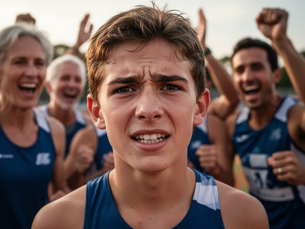 Young athlete displaying proud expression with celebrating supporters visible in warm natural lighting