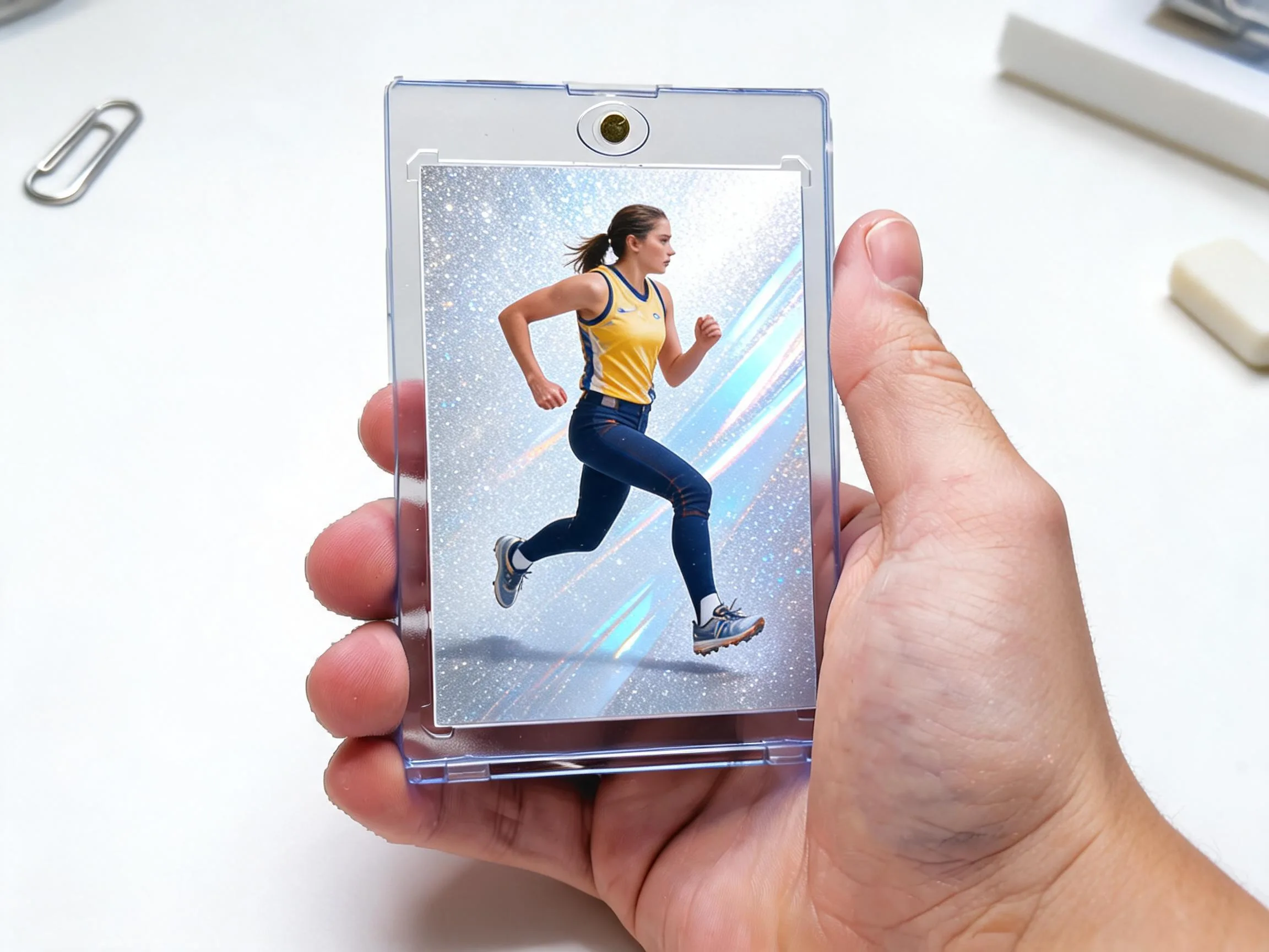 Custom keepsake trading card in a clear magnetic case displayed on a tabletop.