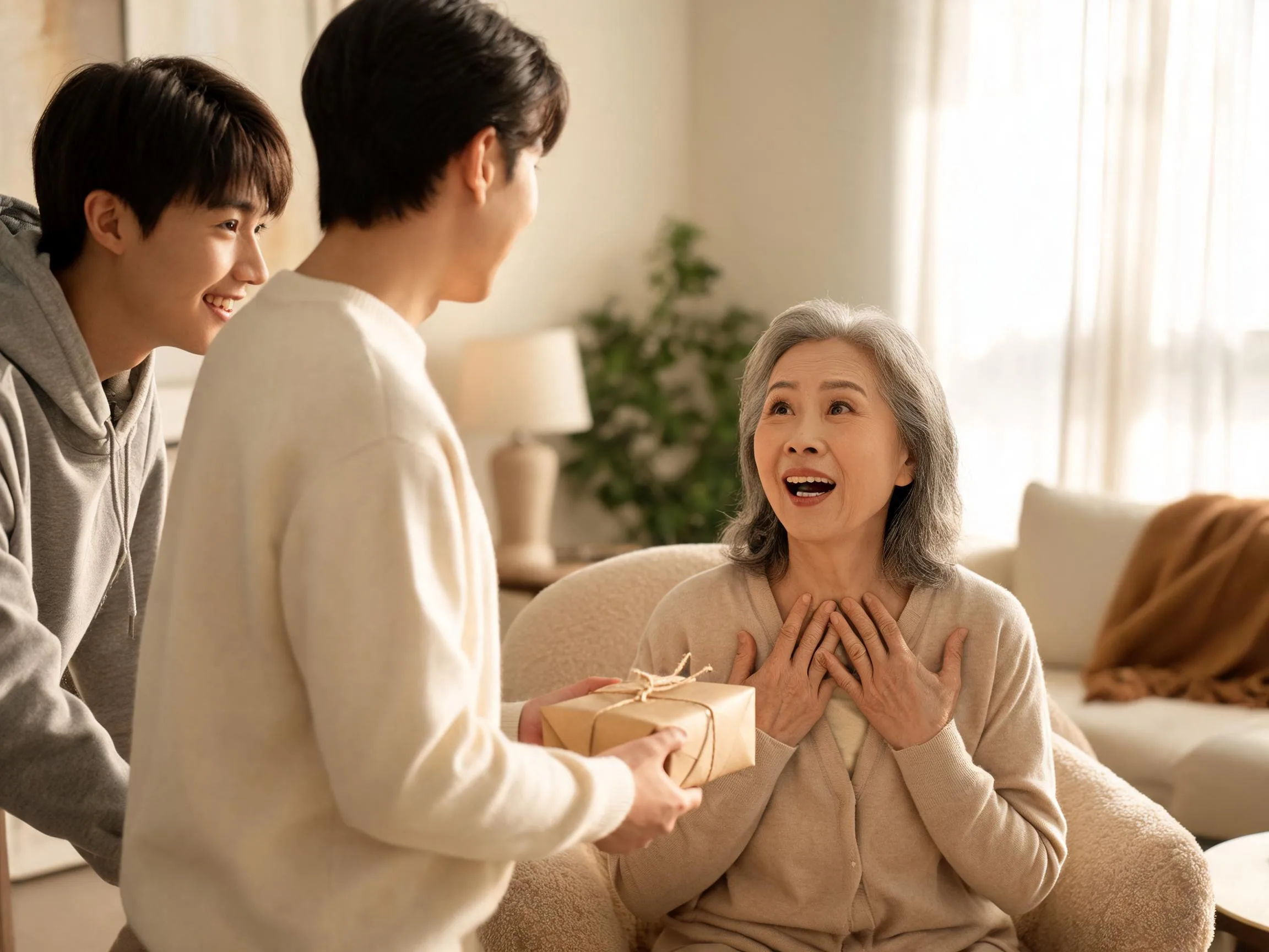 Older woman reacting with joyful surprise to an unexpected gift indoors.