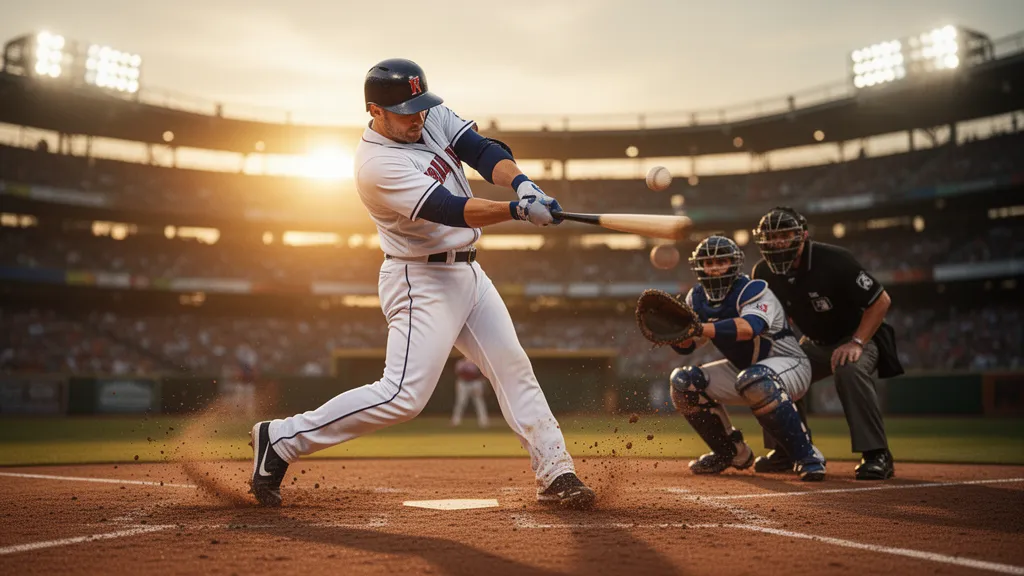 Baseball player swinging bat during sunset game with catcher and umpire in background