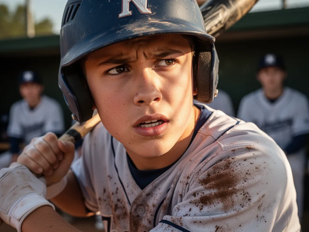 Young baseball player concentrating with focused expression before stepping up to bat