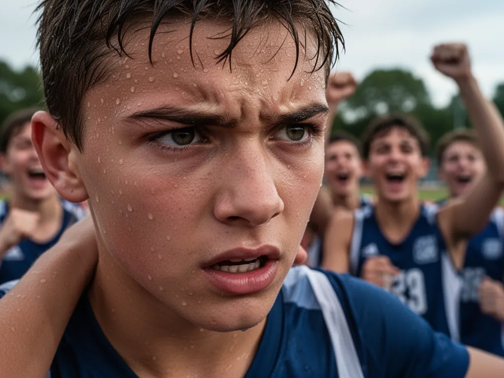 [Young athlete's focused expression during competition with supportive teammates blurred in background]
