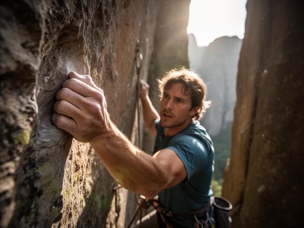 [rock climber's hands gripping cliff face with intense focus and strength]