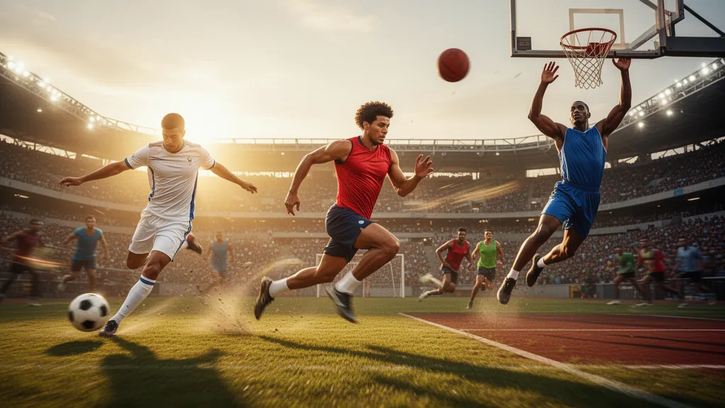 Multiple athletes in action across different sports competing outdoors with natural lighting and dynamic motion