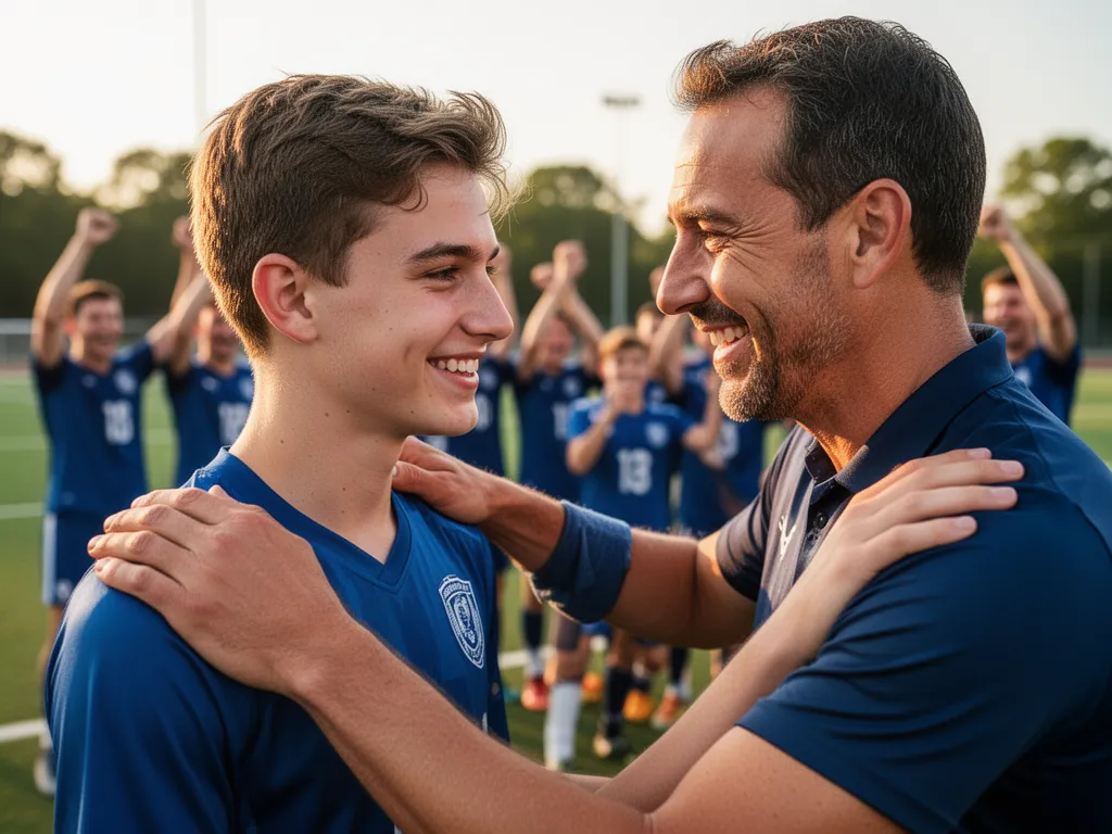 Young athlete receiving encouragement and guidance from coach with celebratory teammates blurred in background