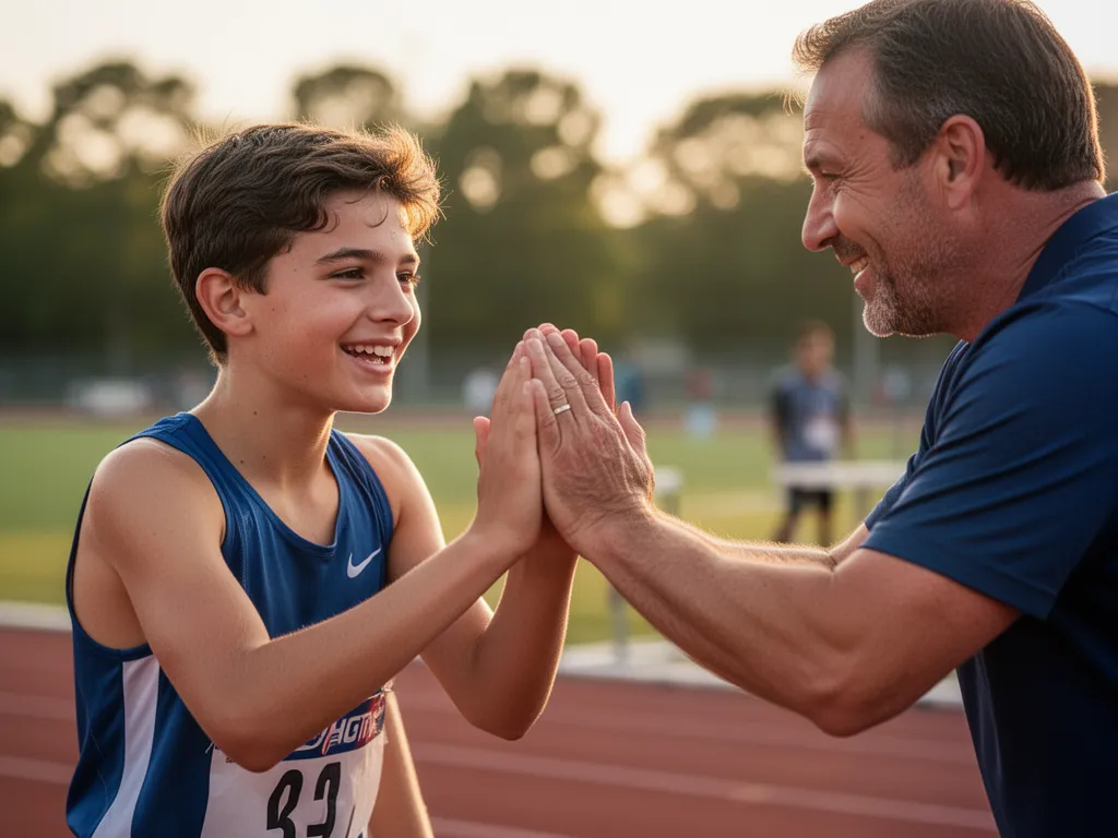 Young athlete celebrating with coach in proud moment of achievement and encouragement.