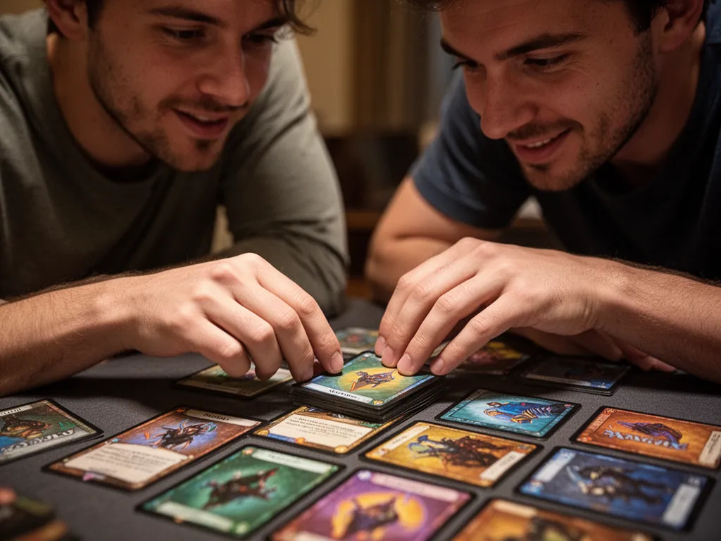 [Close-up of hands organizing Magic cards during gameplay with teammate observing nearby]