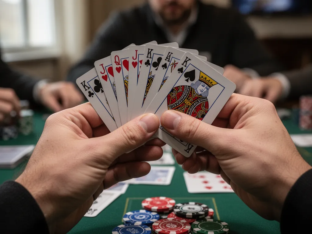 [Close-up of player's hands holding fanned poker cards during game]