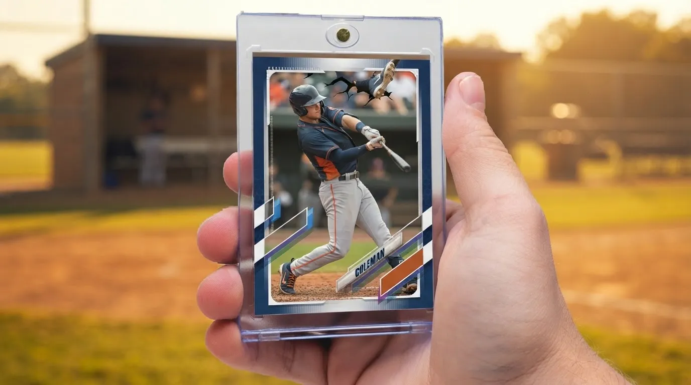 Hand holding magnetic case with premium printing baseball cards design, golden-hour diamond background visible.