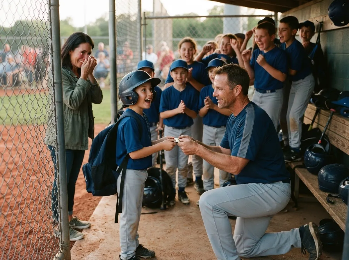 Coach shares proud emotional moment with young baseball player in sunlit dugout.