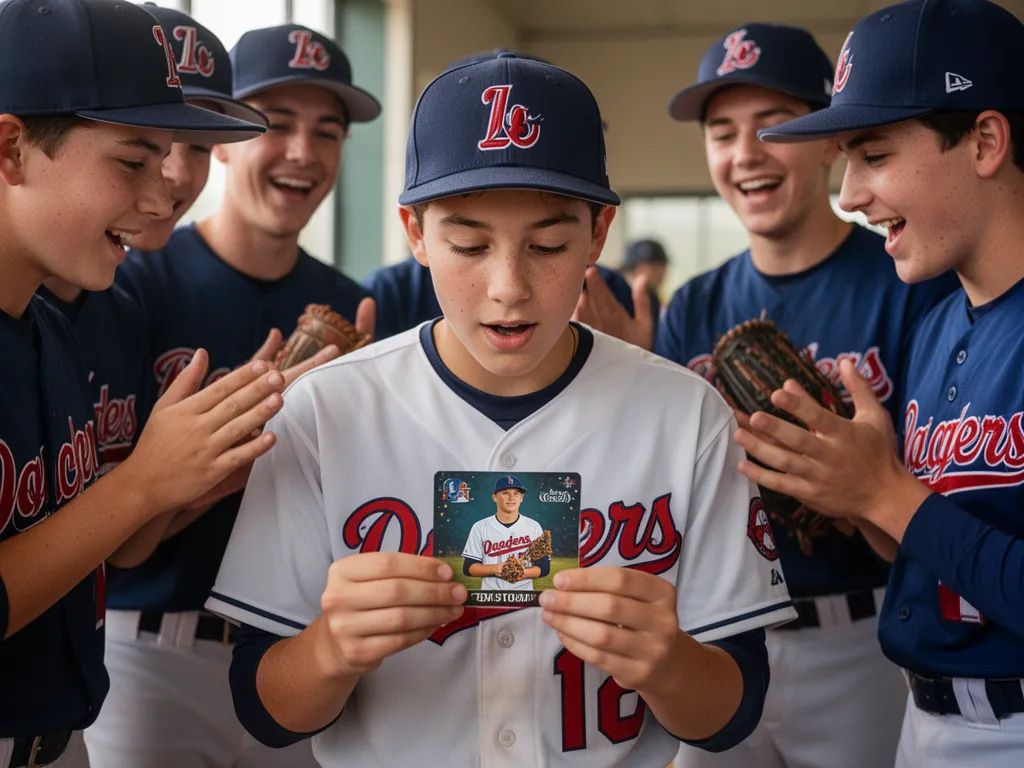 [Young baseball player proudly examining personalized printed card surrounded by celebrating teammates]