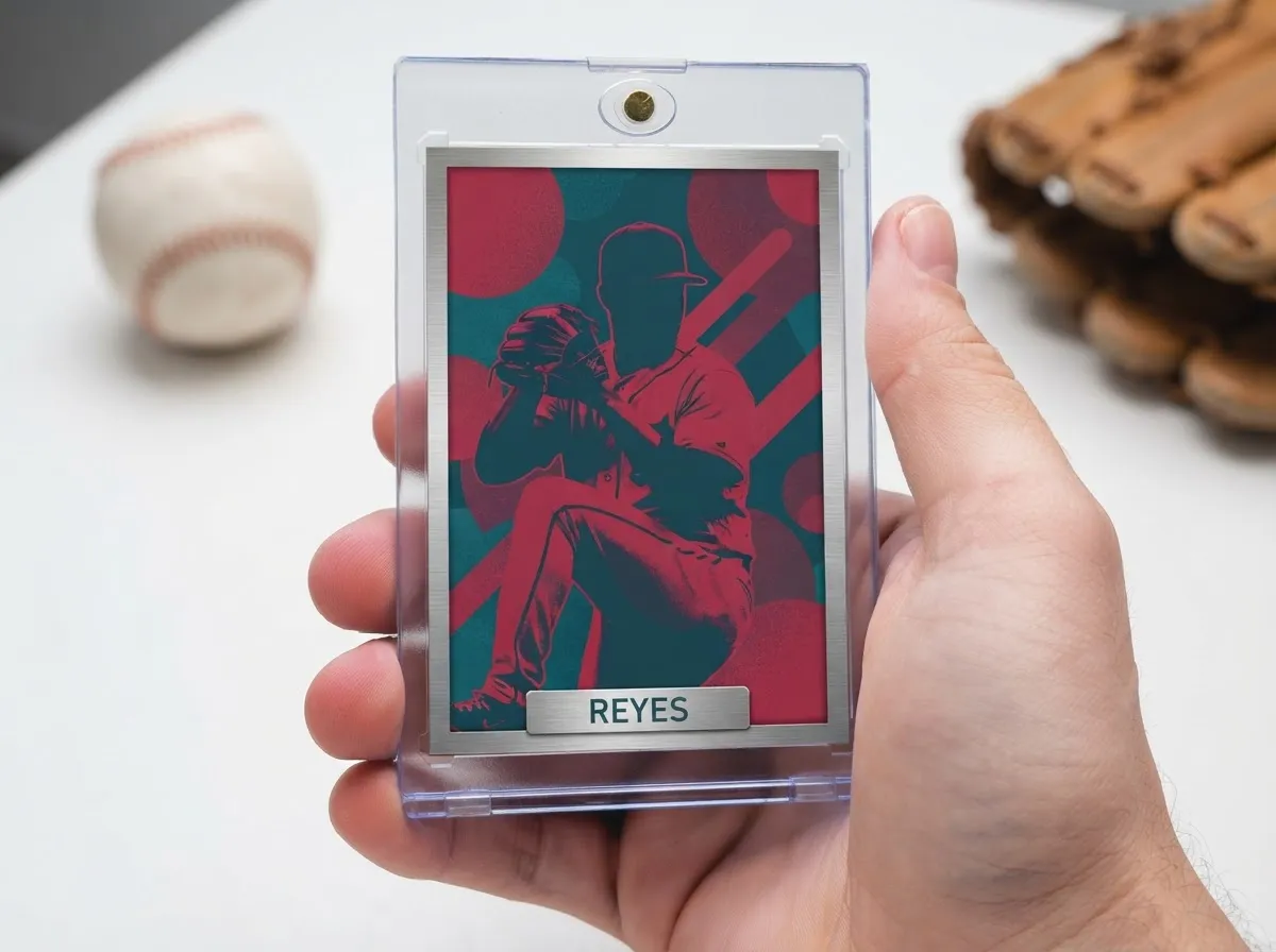 Custom baseball trading card in magnetic case, duotone poster design, on white tabletop.