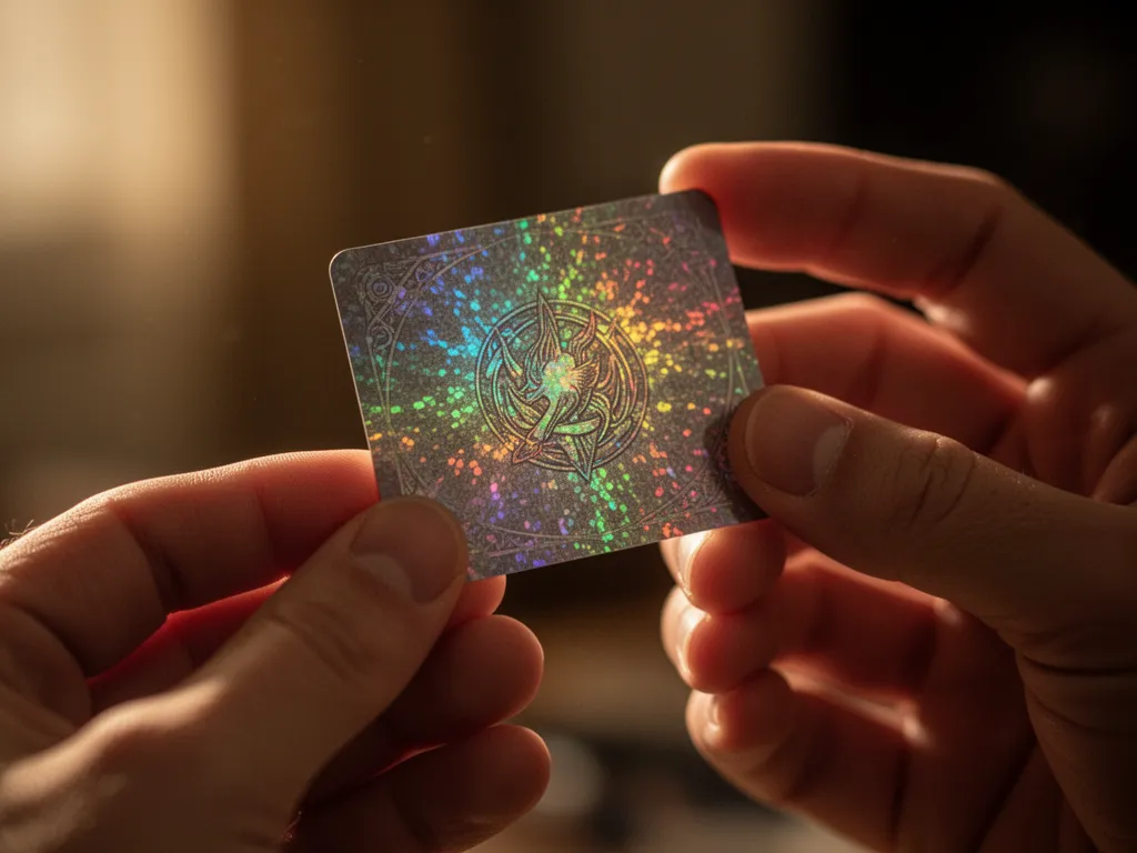 Close-up of collector's hands holding shimmering holographic card up to examine intricate details.