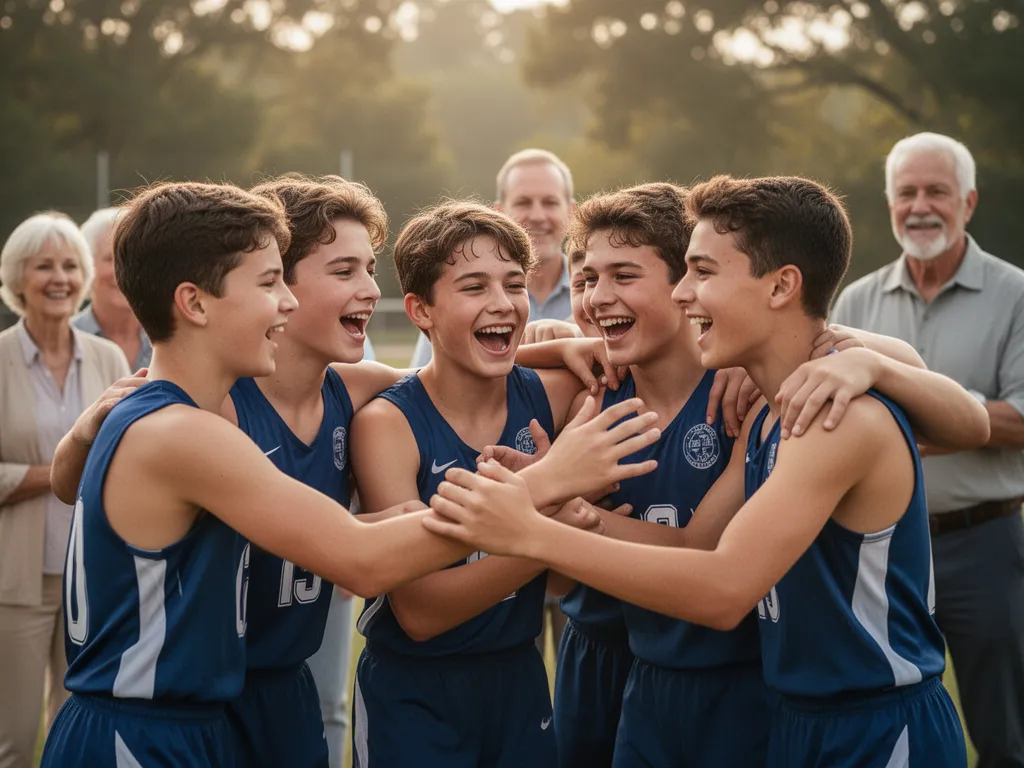 Young athletes celebrating together with coaches and parents showing genuine joy and team spirit