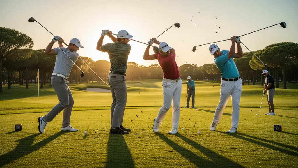 Golfer in mid-swing on bright fairway during pro-am tournament with natural golden lighting