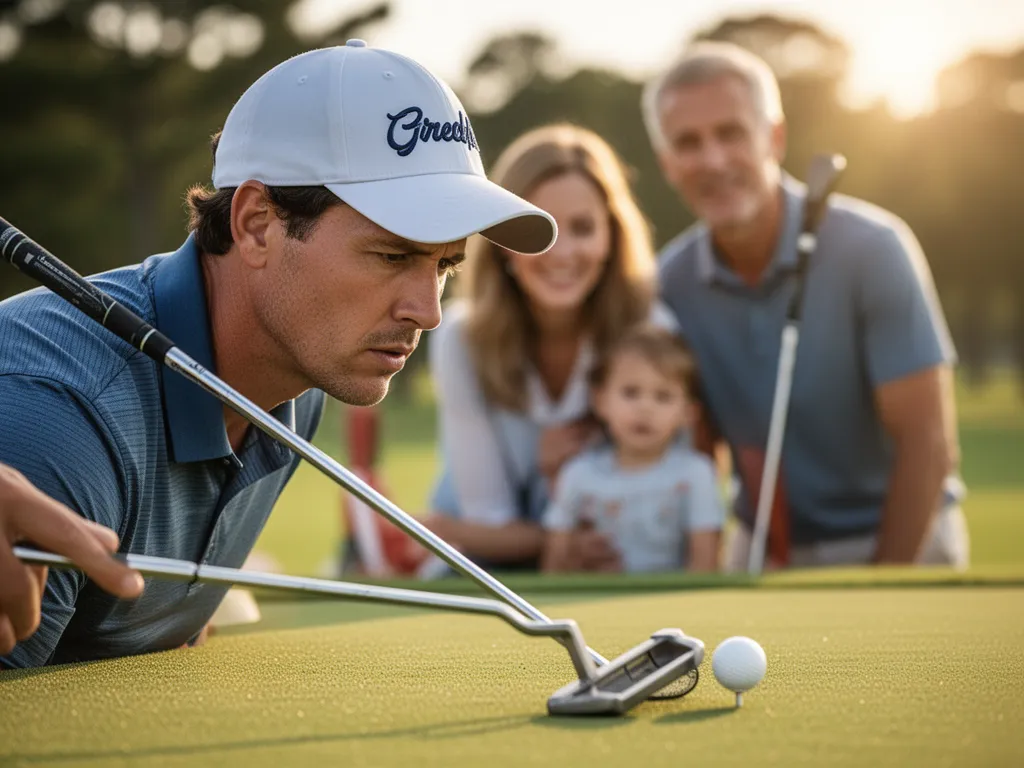 Amateur golfer studying putt on green with supportive family member visible in background