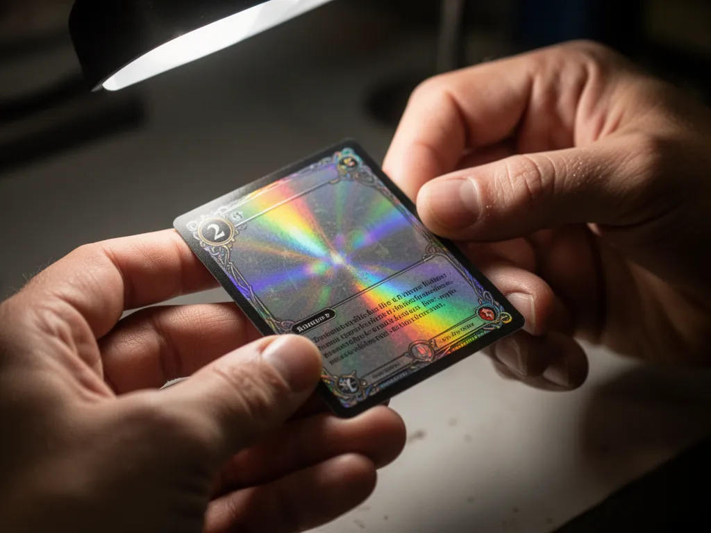 [Hands holding finished holographic trading card showing detailed rainbow prism effects under bright inspection light]