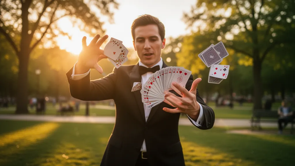 Professional magician performing dynamic card flourishes in outdoor sunlight with blurred park background