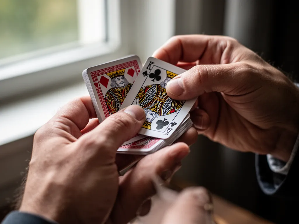 Detailed close-up of hands executing professional card shuffle technique with natural lighting