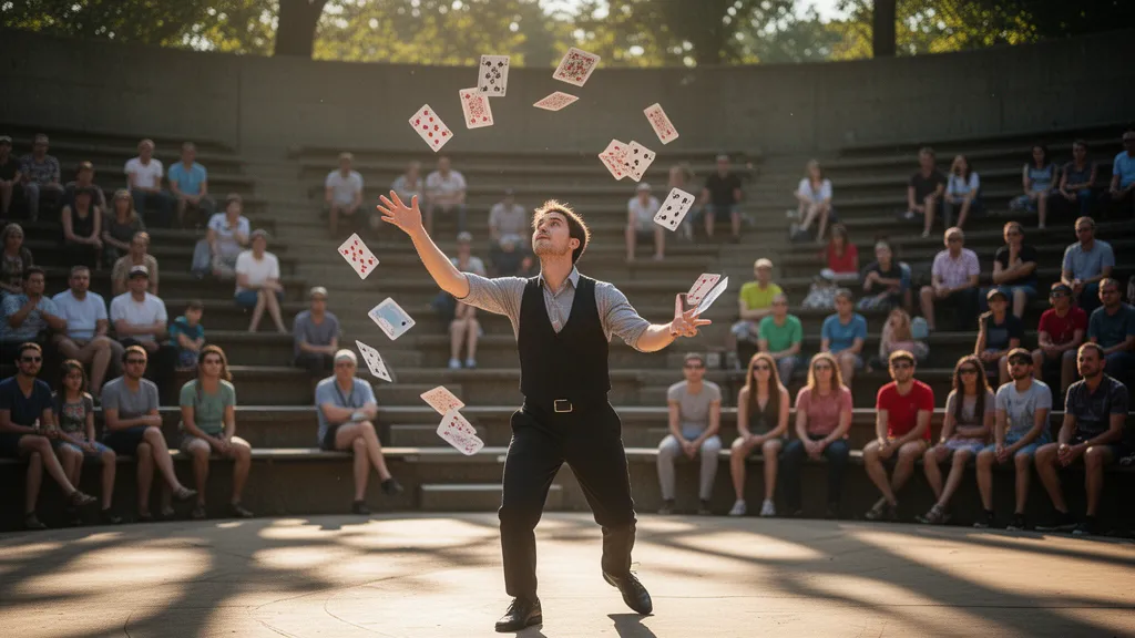 Professional card juggler performs dynamic flourishes outdoors with spectators watching in background
