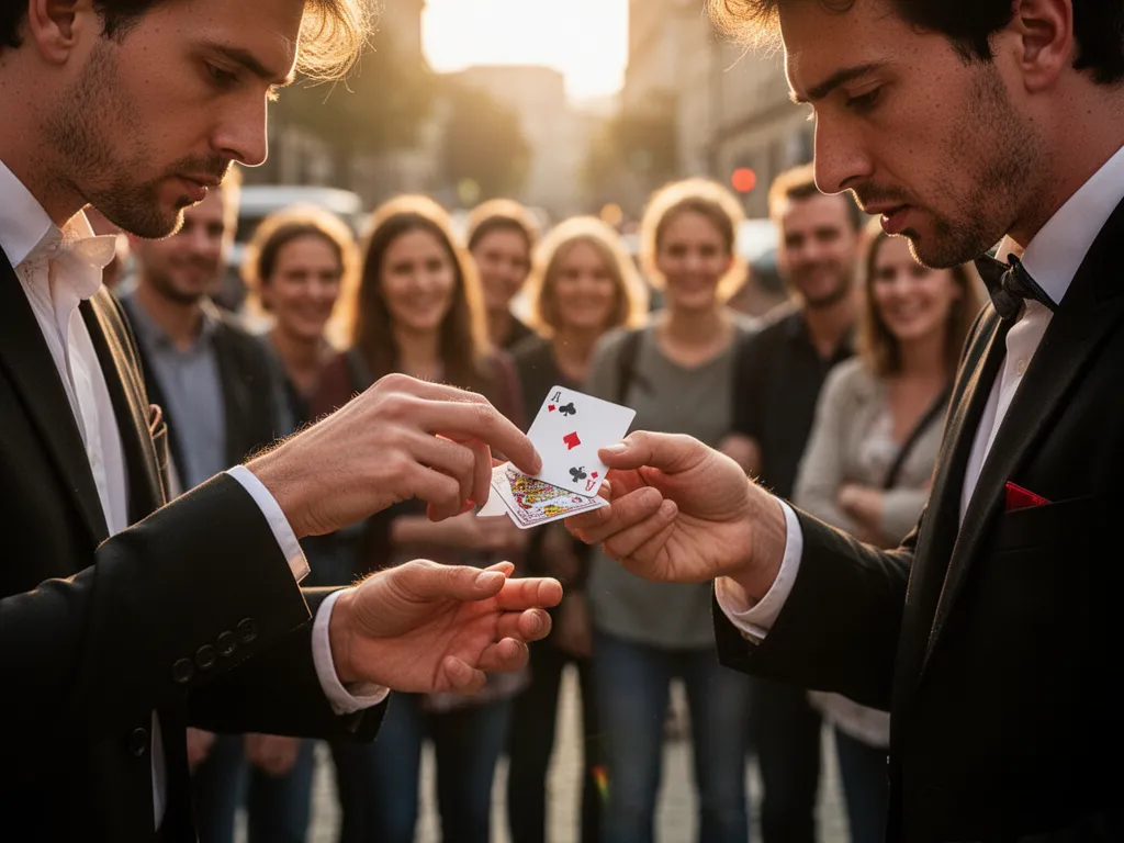 Card magician's hands perform detailed sleight with focused expression during intimate street performance
