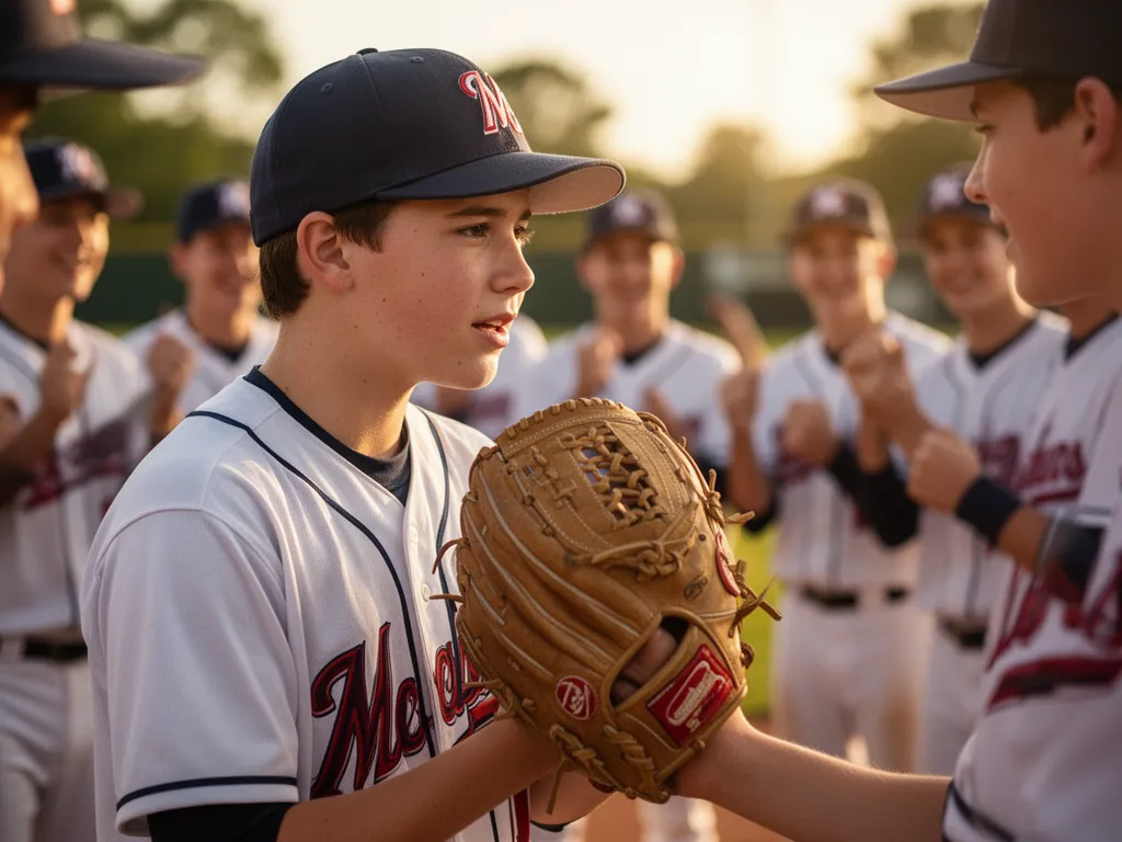 Young athlete in focused moment with teammates celebrating together in soft natural light