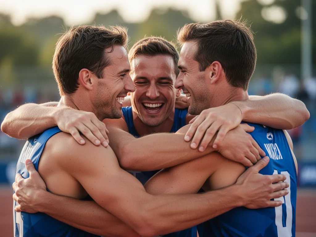 Athletes celebrating together outdoors showing teamwork, joy, and emotional connection after competition