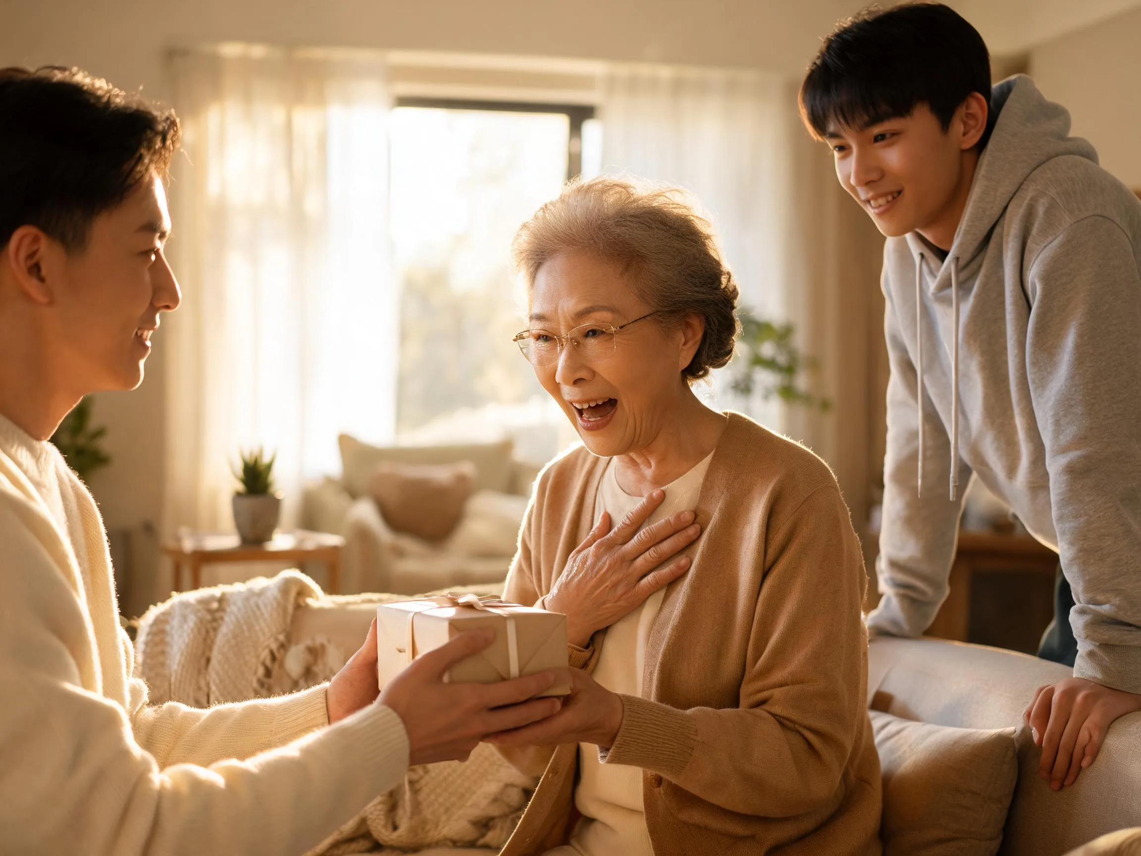Older relative reacts with joyful surprise while receiving an unexpected gift indoors.