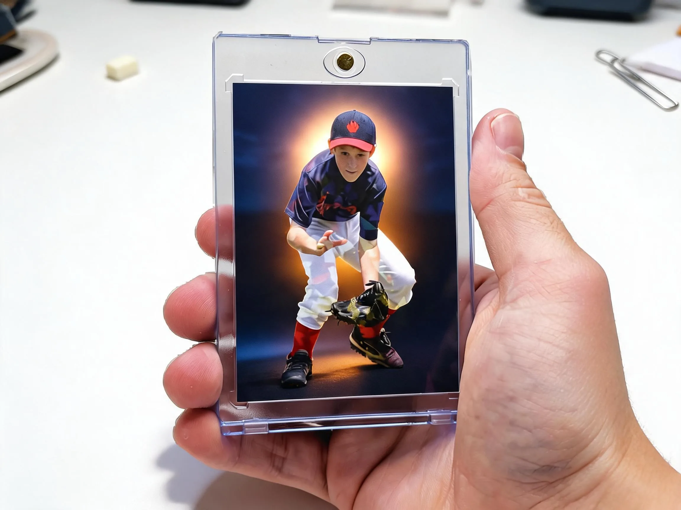 Custom keepsake trading card in magnetic case, stadium-night foil design on white tabletop.