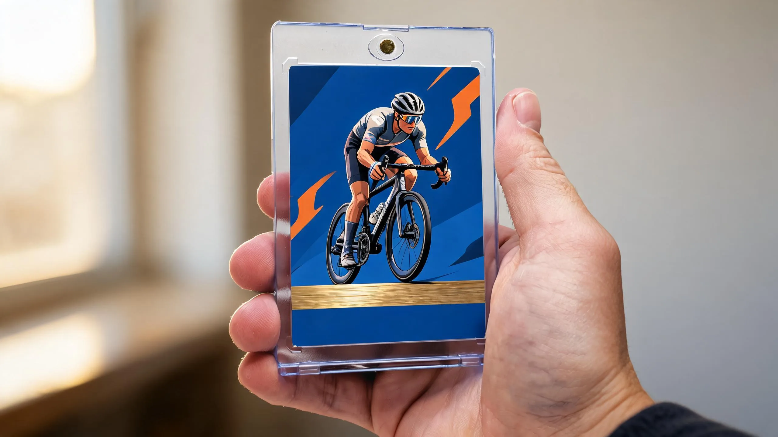 Hand holds magnetic case from a proxy generator showing an athlete card in golden light.