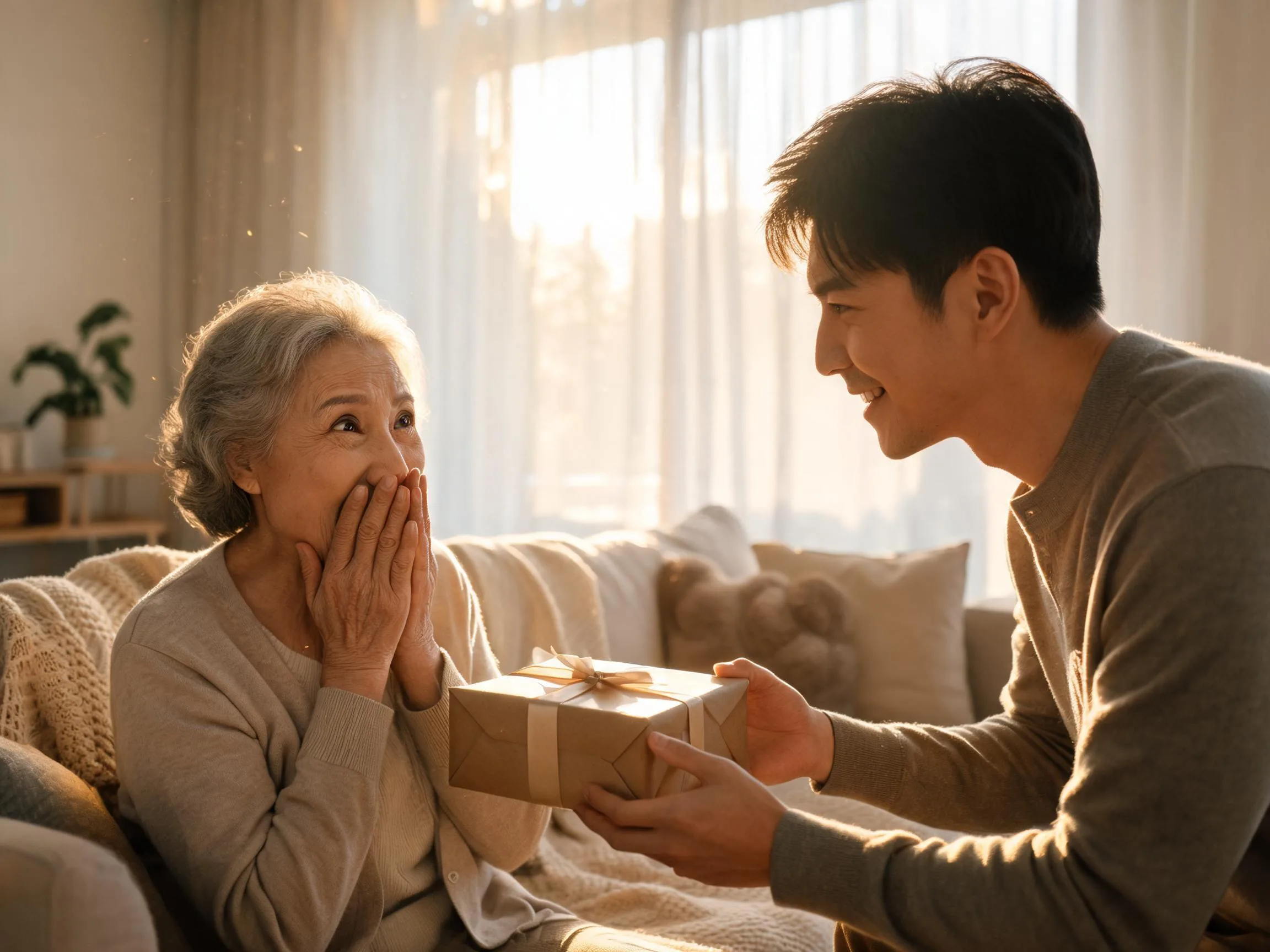 Grandmother reacts with joyful surprise receiving an unexpected gift in warm sunlight.