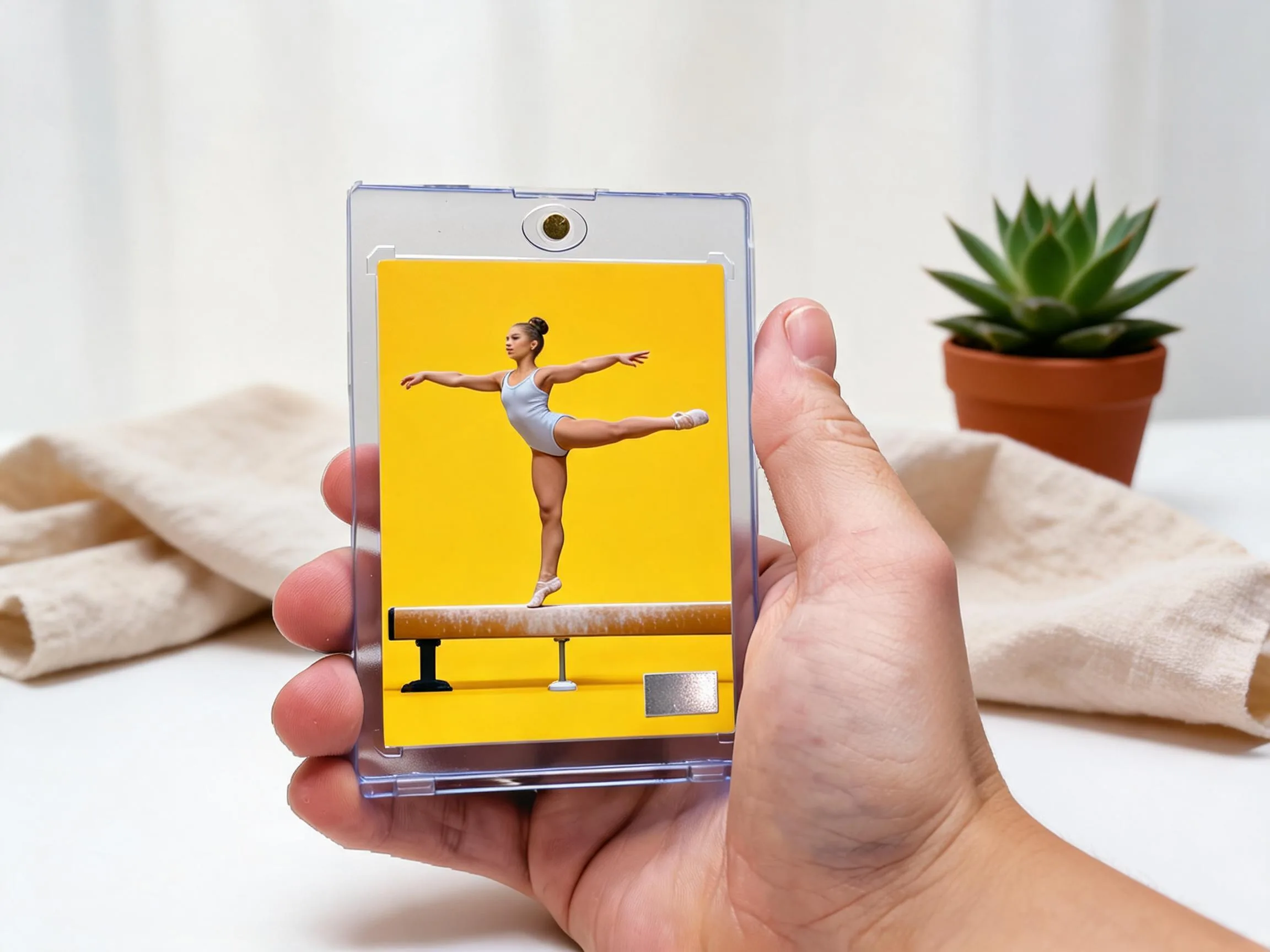 Custom keepsake trading card in a magnetic case, gymnast design, editorial yellow layout.