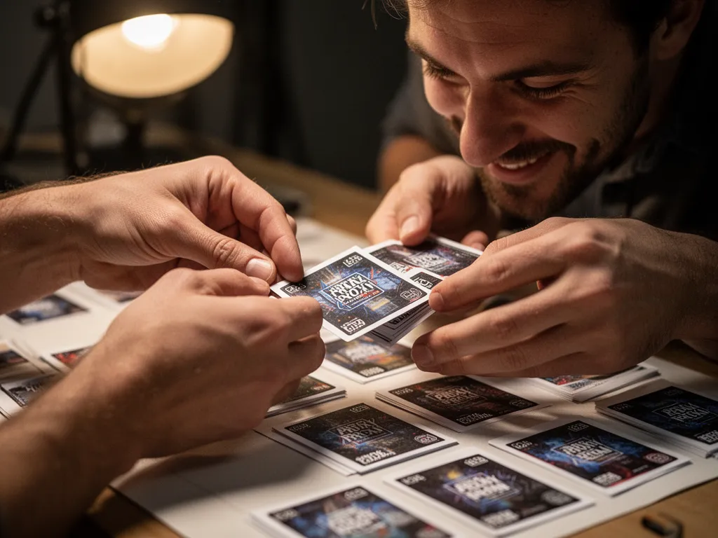 Close detail of hands inspecting and arranging freshly printed custom trading cards indoors