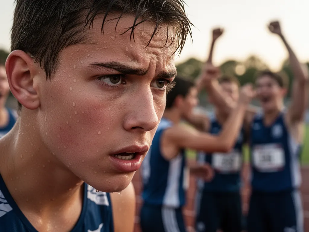 [Young athlete's determined expression during competition with teammates celebrating nearby]