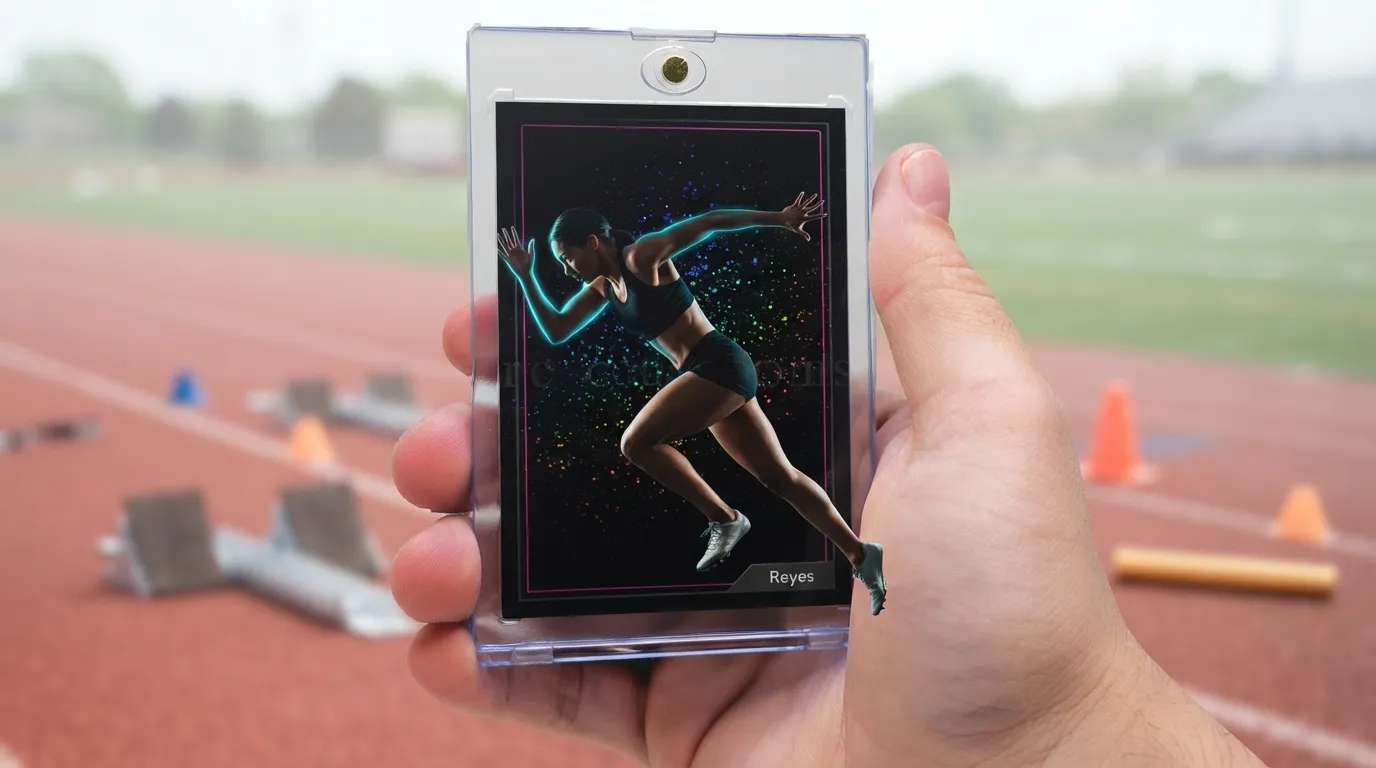 Hand holding r c customs magnetic case with dramatic dark sprinter trading card inside.