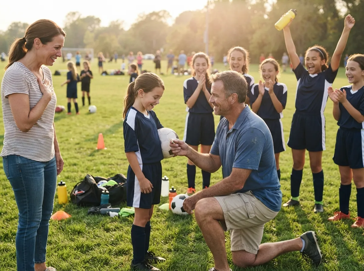 Coach and cheering teammates celebrate with young athlete on sunny sports field.