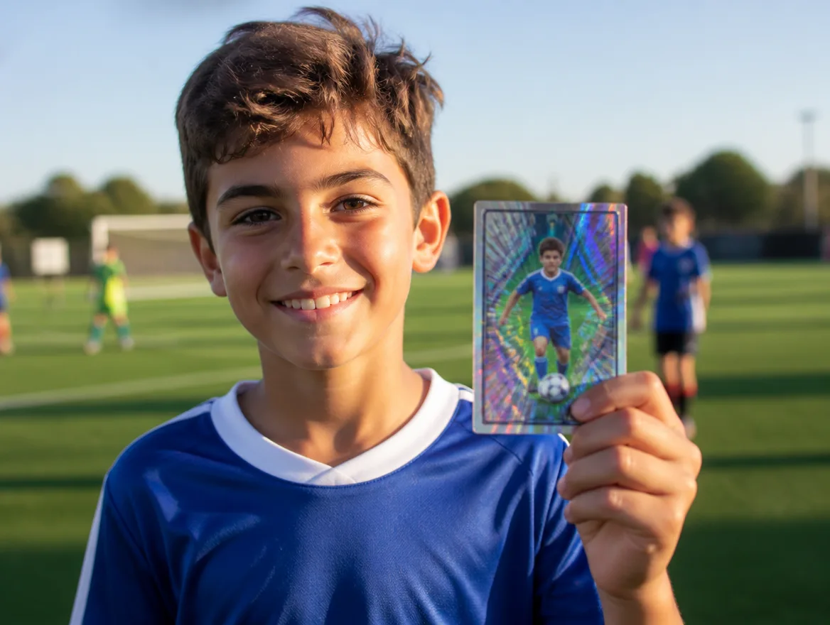Young soccer player holding a custom soccer trading card