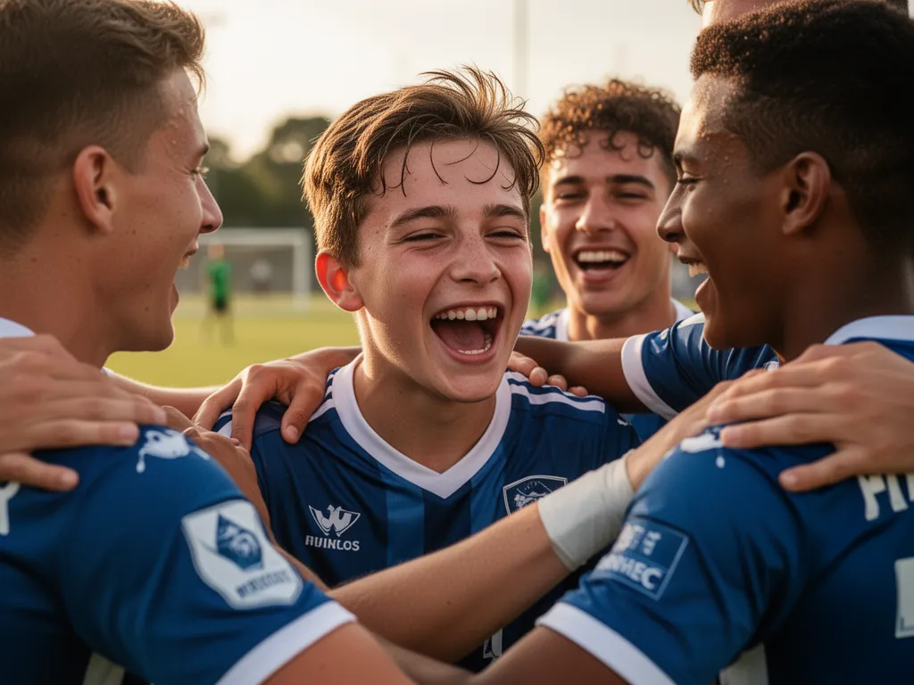 Young soccer player celebrating with teammates showing genuine emotion and joy after scoring