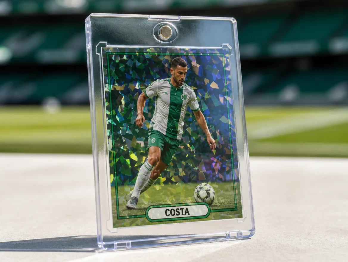 Custom soccer trading card standing in a magnetic display case