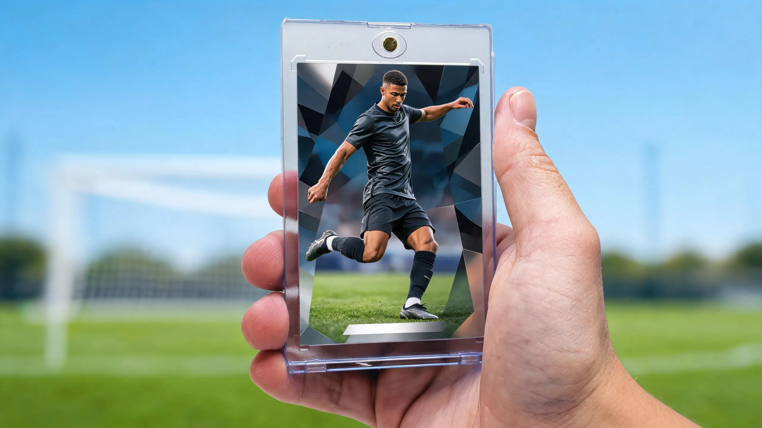Hand holding magnetic case with random fifa card featuring a chrome blue soccer rating design.