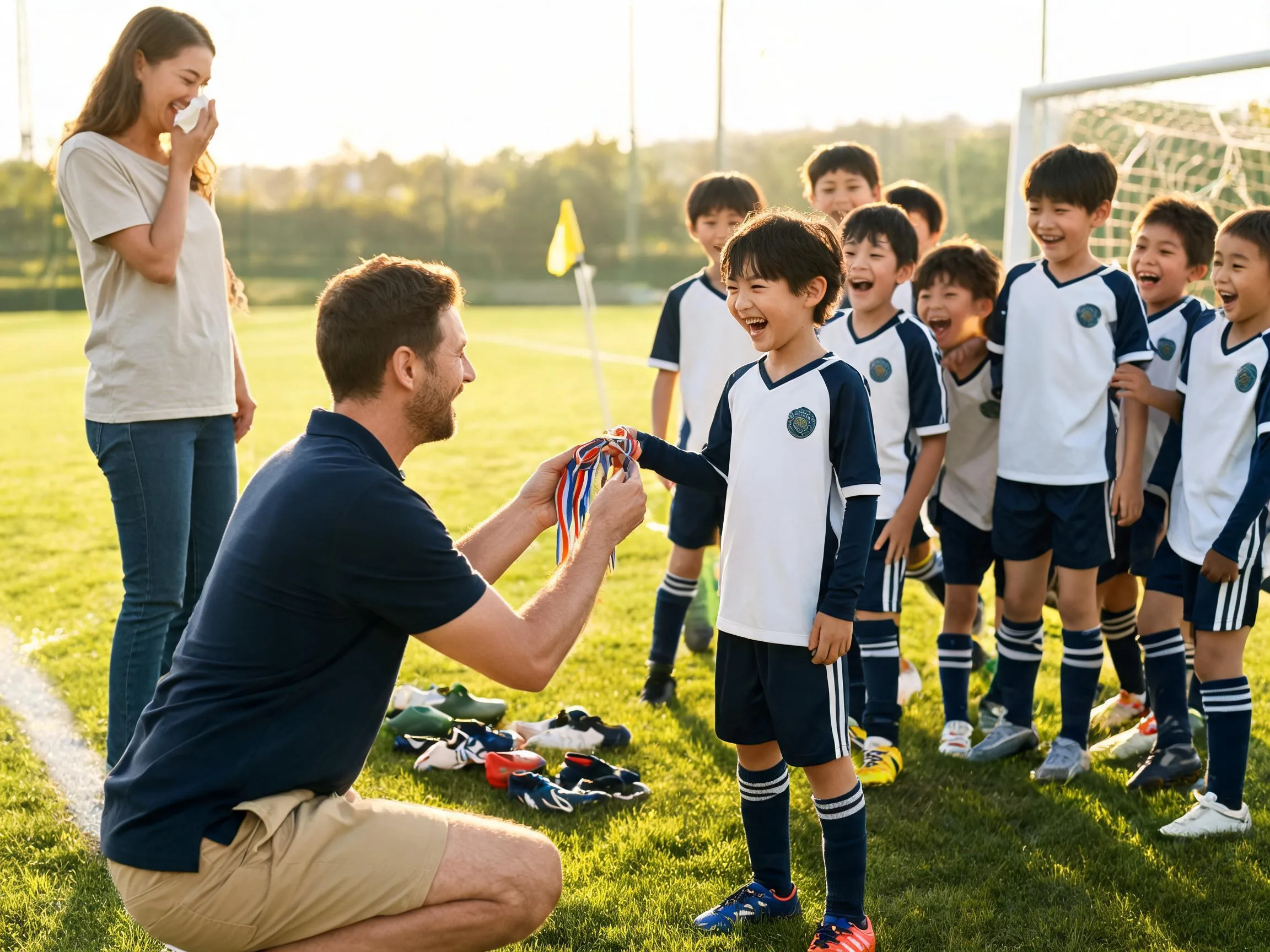 Coach and young soccer player share proud celebratory moment on sunny grass pitch.