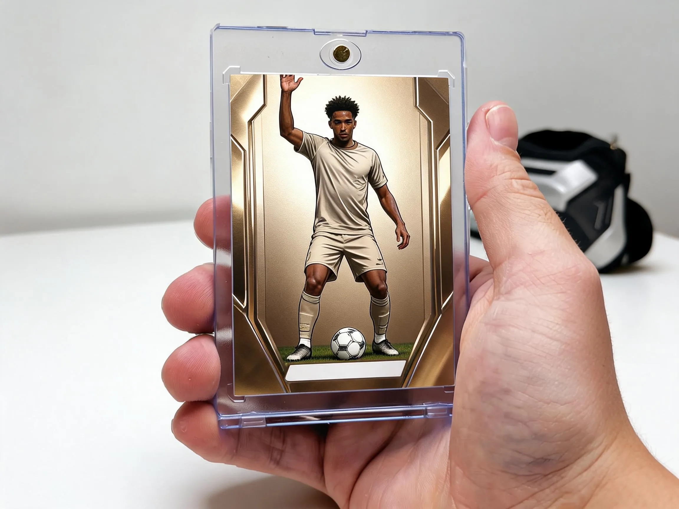 Custom soccer trading card in magnetic case, gold metallic rating-card design, close-up shot.