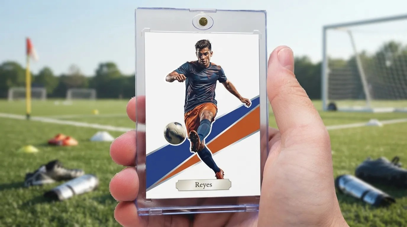 Hand holding magnetic case with random FIFA player generator soccer card, diagonal chrome frame design.