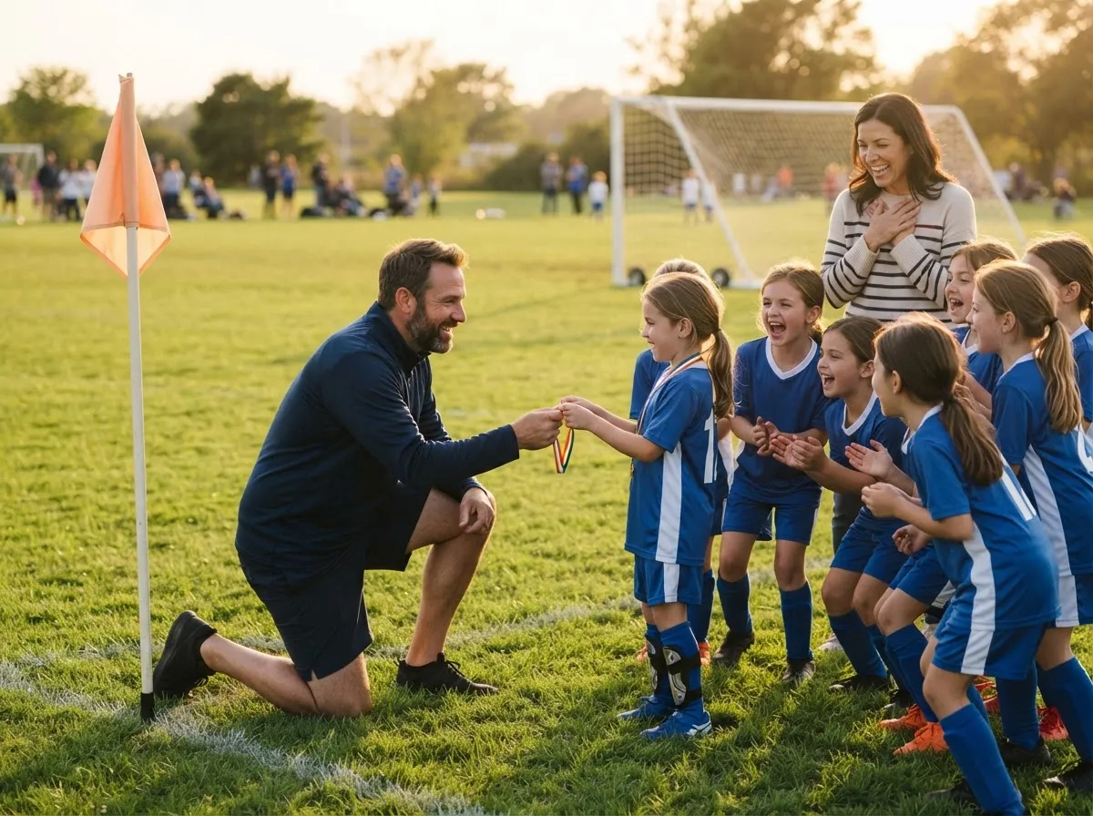 Coach shares a warm moment with young soccer player as teammates and parent celebrate nearby.