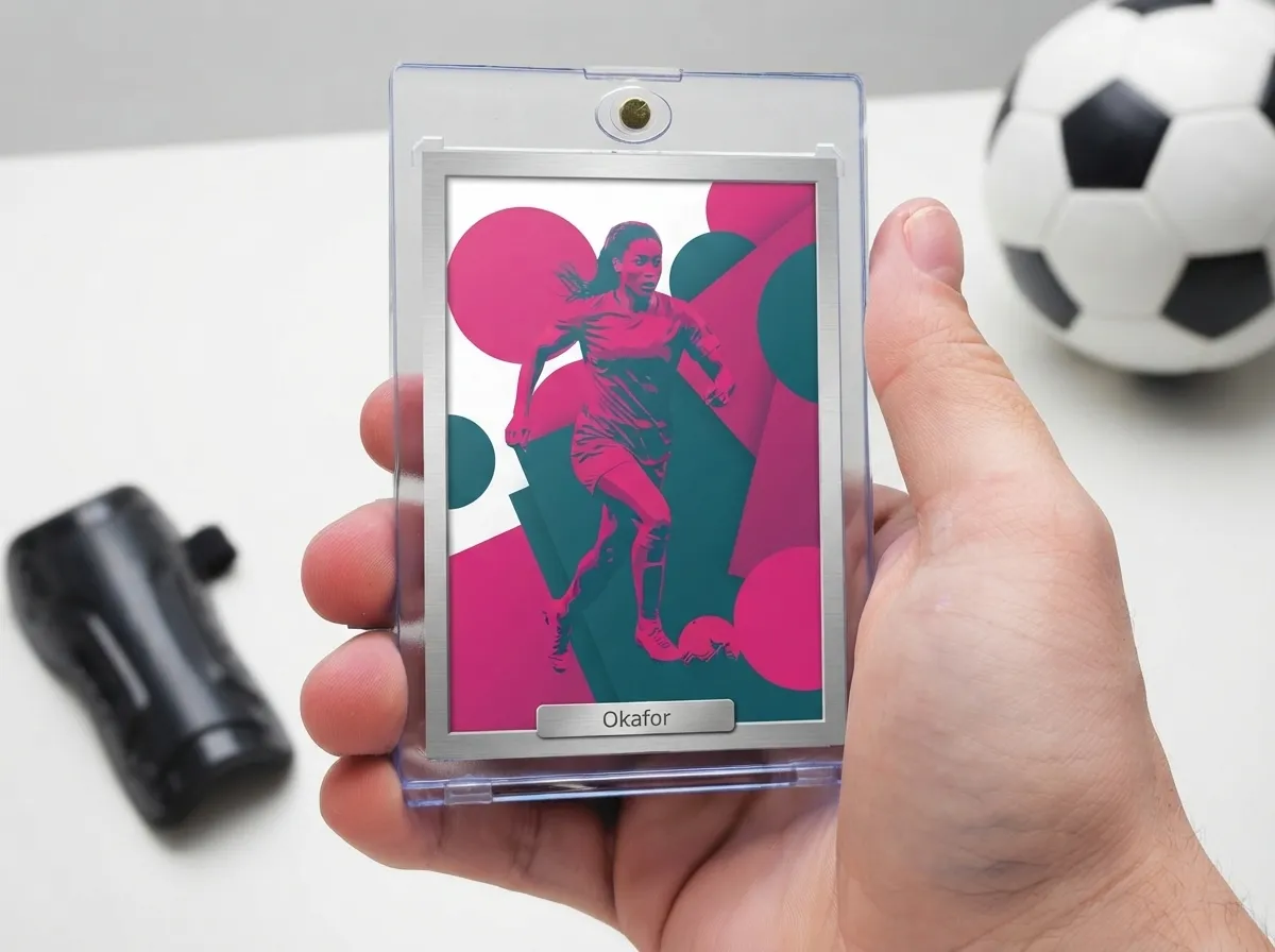 Custom soccer trading card in magnetic case showing bold magenta and teal duotone player design.