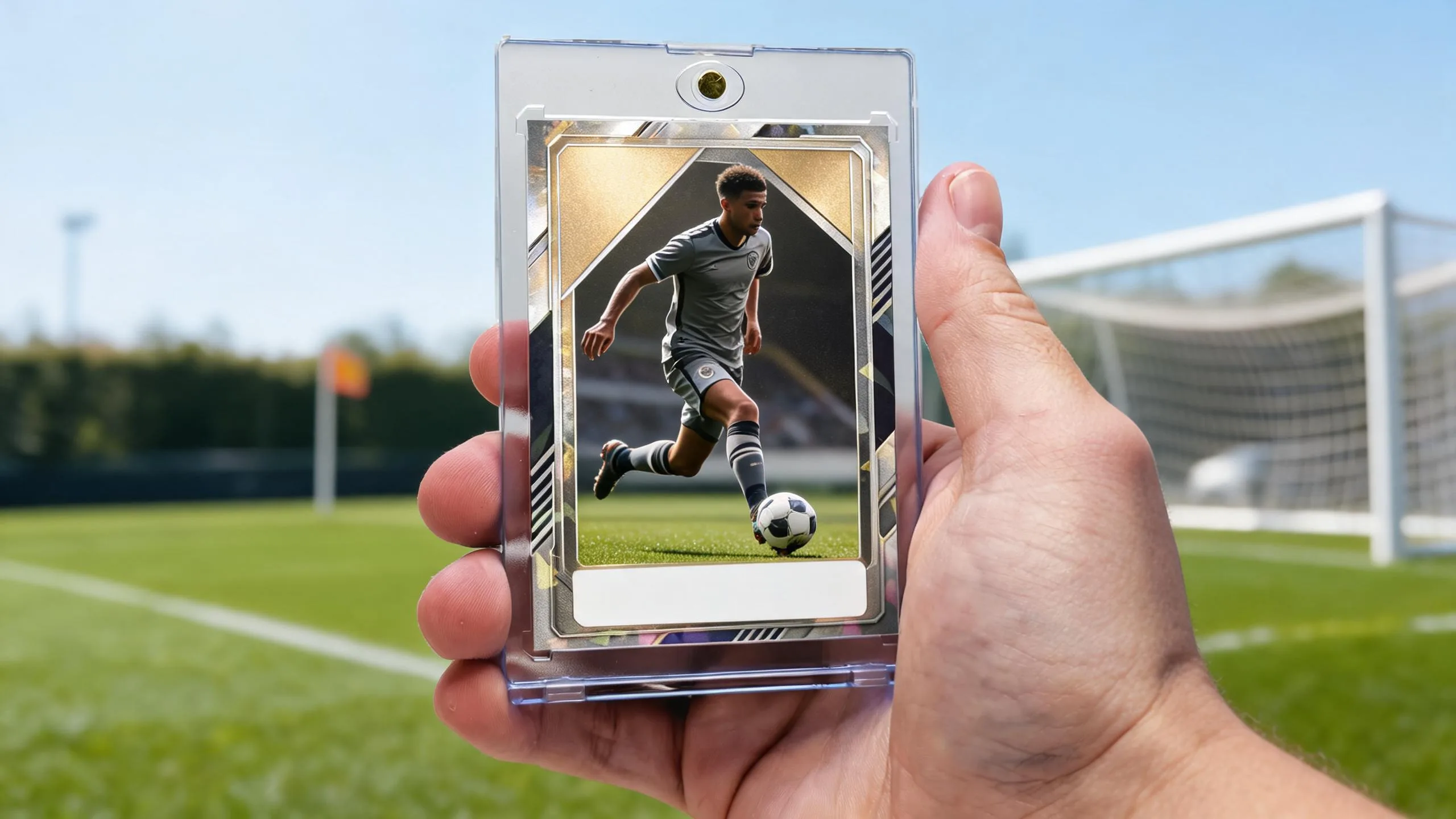 Hand holding magnetic case with random fifa player rating card, brushed-gold layout, soccer pitch background.