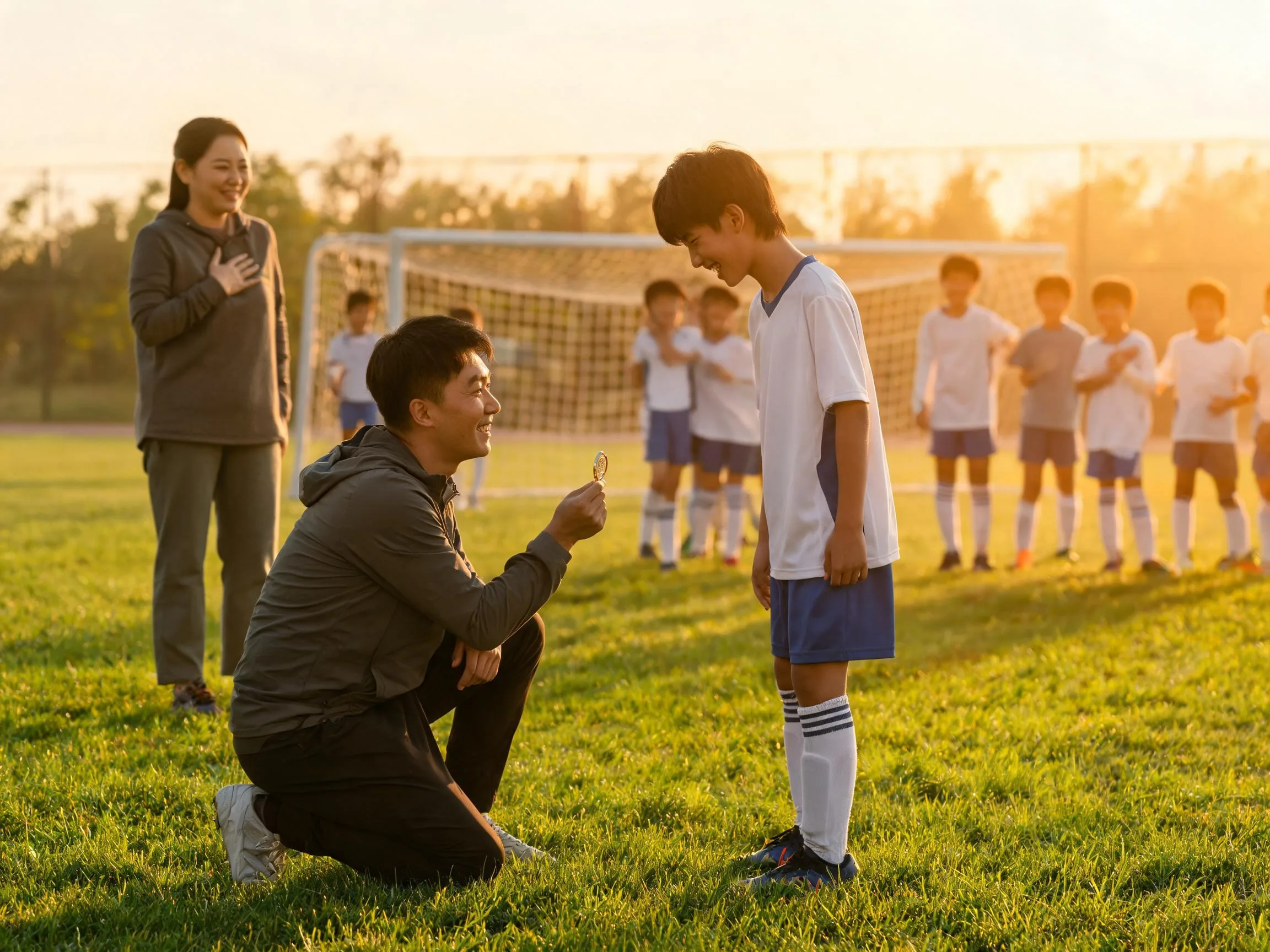 Coach and young soccer player share a proud emotional moment on the pitch.