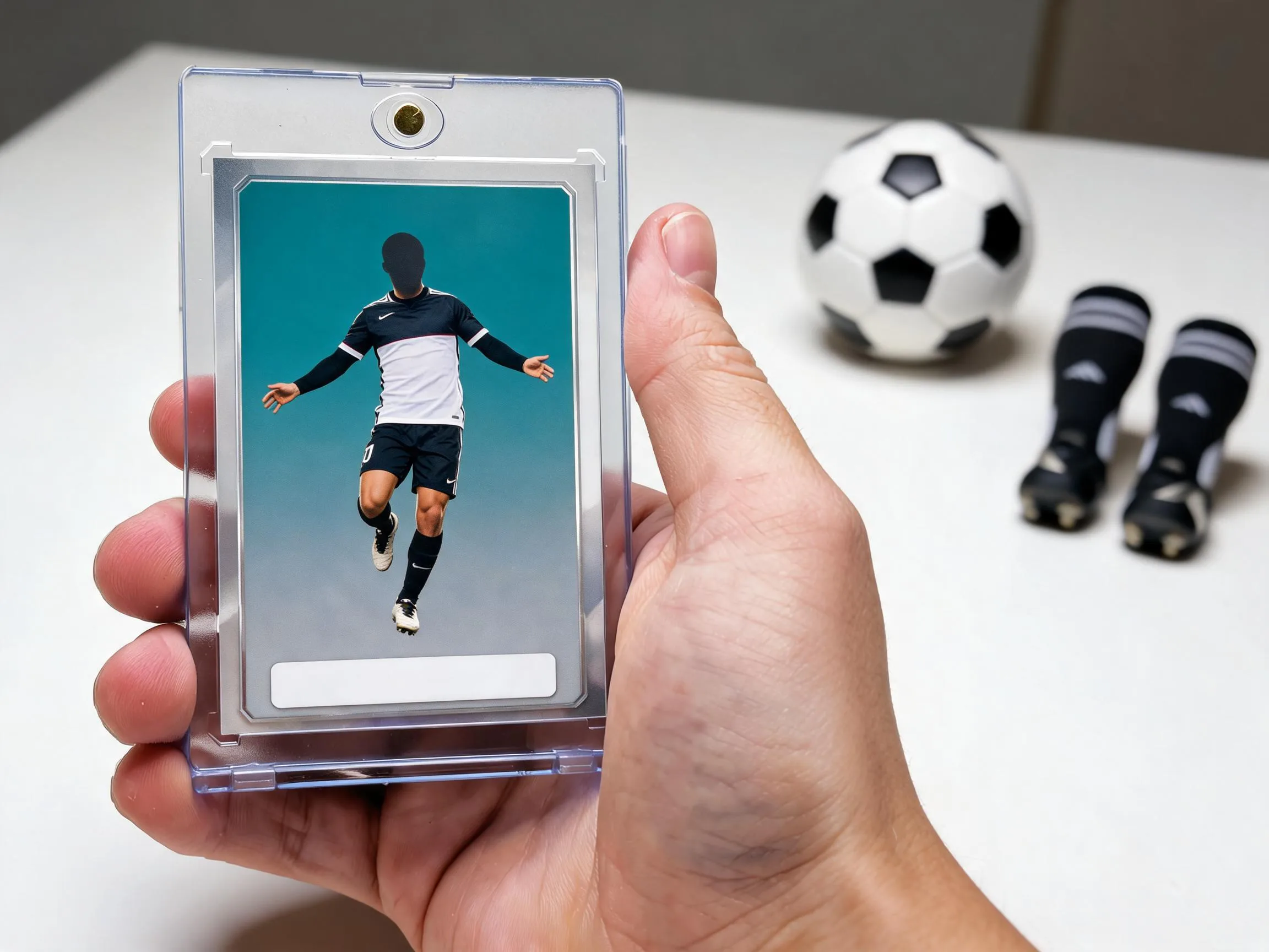 Custom soccer trading card in magnetic case, teal two-tone design, displayed on white tabletop.