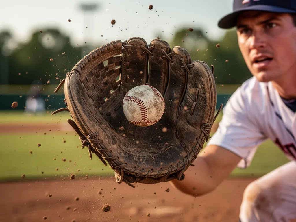 Vintage baseball glove catching ball mid-play showing leather detail and authentic game action